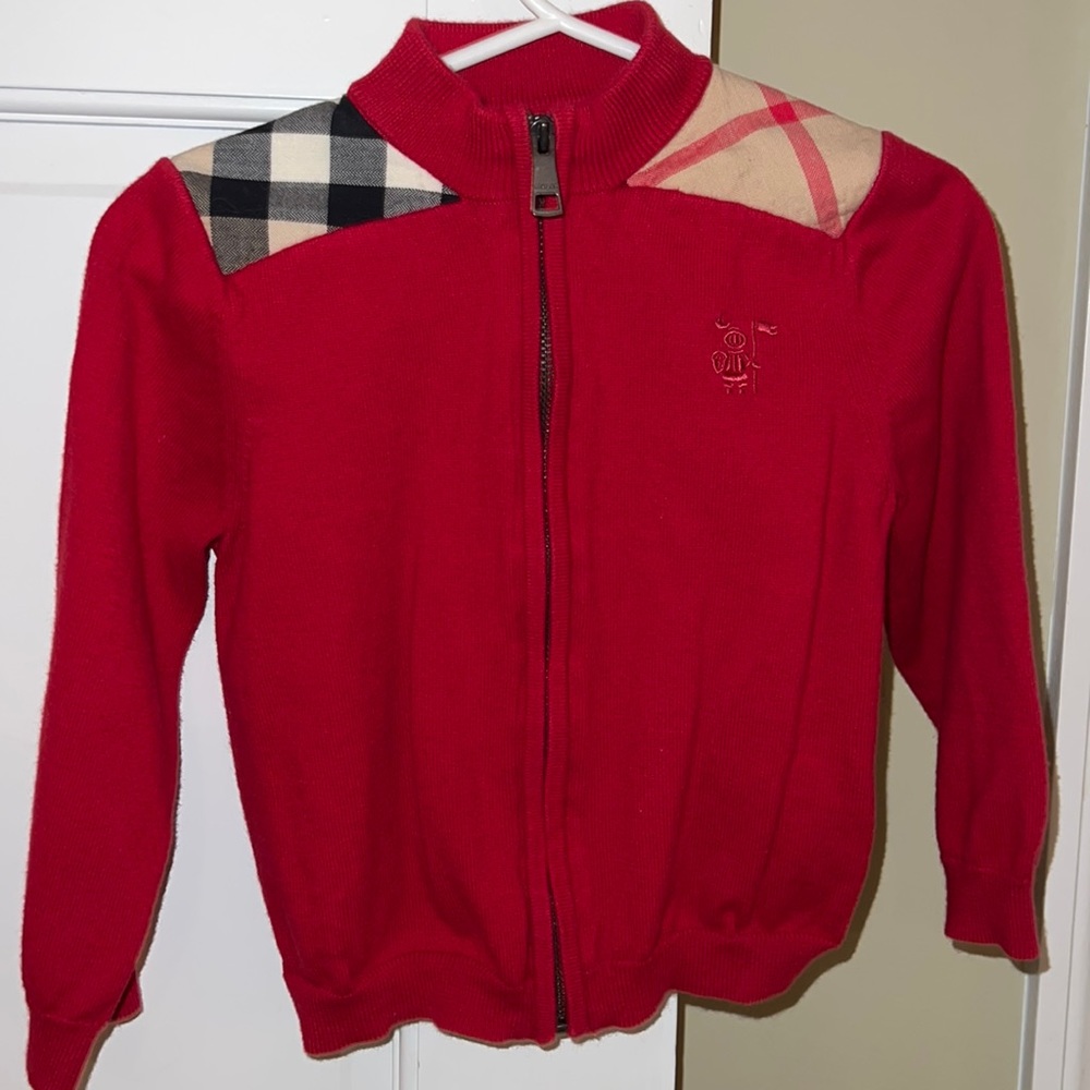 Burberry boys red zip up sweater. Gently used. Size 2-3T. (Size not on tag)